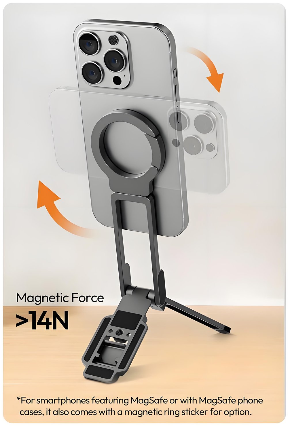 Magnetic Phone Tripod for iPhone, MA38 Portable Phone Holder Mini Tripod for Magsafe with Double-Sided Strong Magnetic 1/4'' Arri Locating Hole Foldable Hook