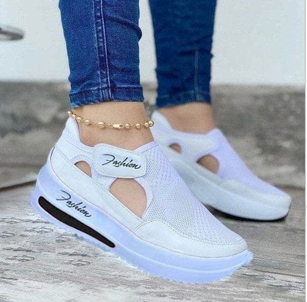 Damenmode Hollow Flyknit Velcro Plateauschuhe