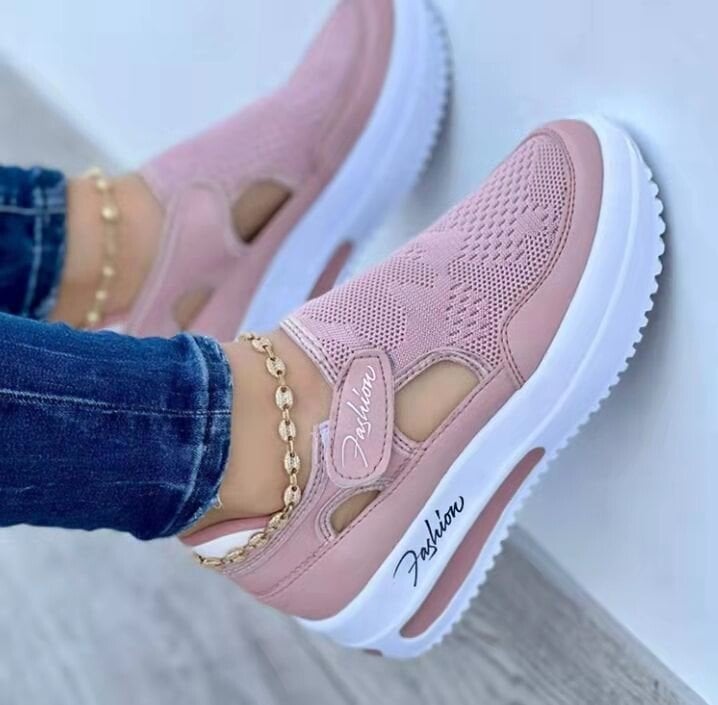 Damenmode Hollow Flyknit Velcro Plateauschuhe