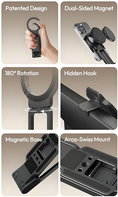 Magnetic Phone Tripod for iPhone, MA38 Portable Phone Holder Mini Tripod for Magsafe with Double-Sided Strong Magnetic 1/4'' Arri Locating Hole Foldable Hook