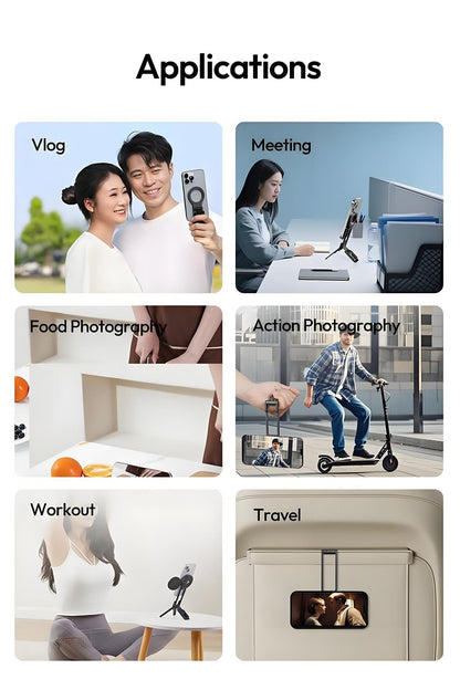Magnetic Phone Tripod for iPhone, MA38 Portable Phone Holder Mini Tripod for Magsafe with Double-Sided Strong Magnetic 1/4'' Arri Locating Hole Foldable Hook